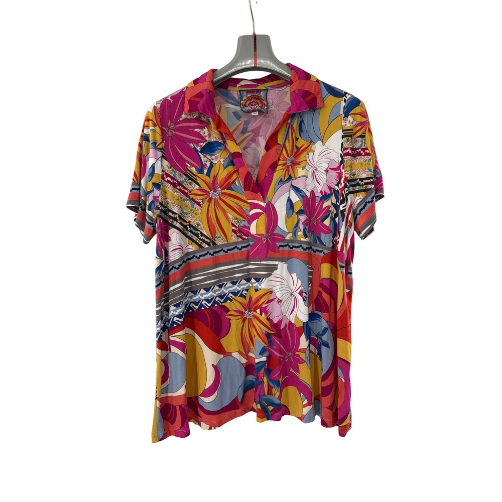 Johnny Was Rachel May Short Sleeve Polo Top Womens 1X Multi Floral Boho Shirt
